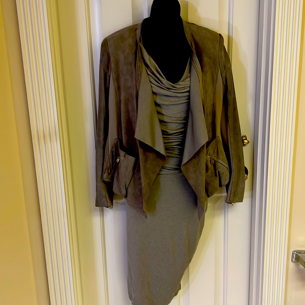 Donna Karen viscose dress with suede jacket and wrap around belt.